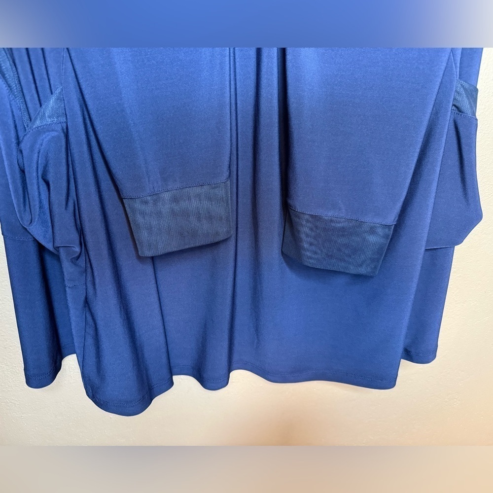 By JJ Navy Blue Duster Hooded Cardigan Size Large Flowy Pockets Long Sleeves - Picture 12 of 15